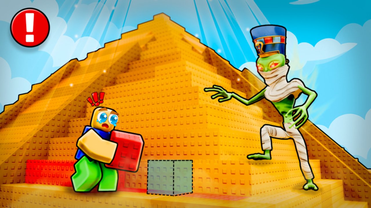 Players stacking golden bricks to raise an Egyptian pyramid in Build the Pyramid on Roblox